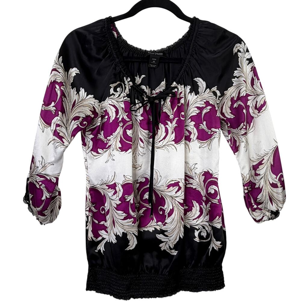 White House Black Market Silk Blouse WHBM Floral‎ Print Top XS Black Purple
